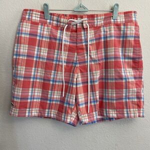 Lacoste Mens Red/White Plaid Check Logo Large Mesh Lined Swim Trunk Board Shorts